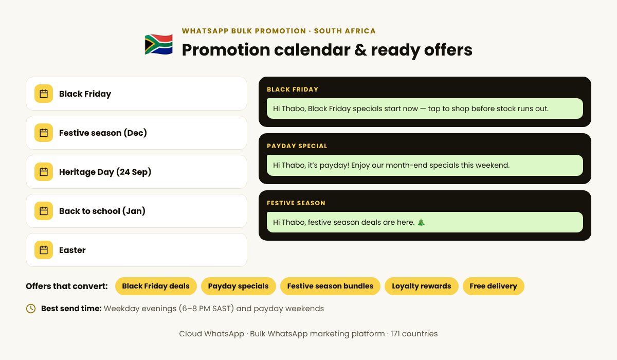 WhatsApp bulk promotion calendar for South Africa with festive campaign ideas